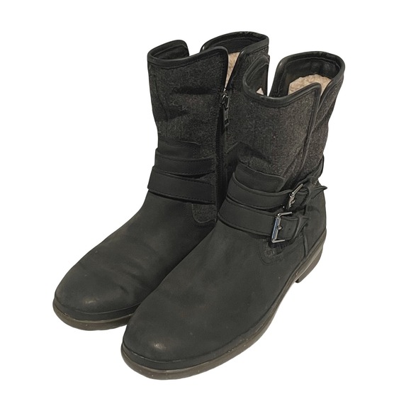 UGG Shoes - UGG Simmens Waterproof Boot Womens 8.5 Black Leather‎ Wool Moto Buckle 1005285
